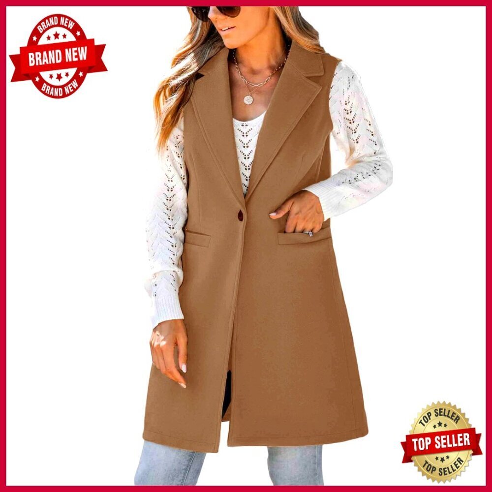 Wool Blend Long Vest Sleeveless Blazer Slim Fit Office Wear
